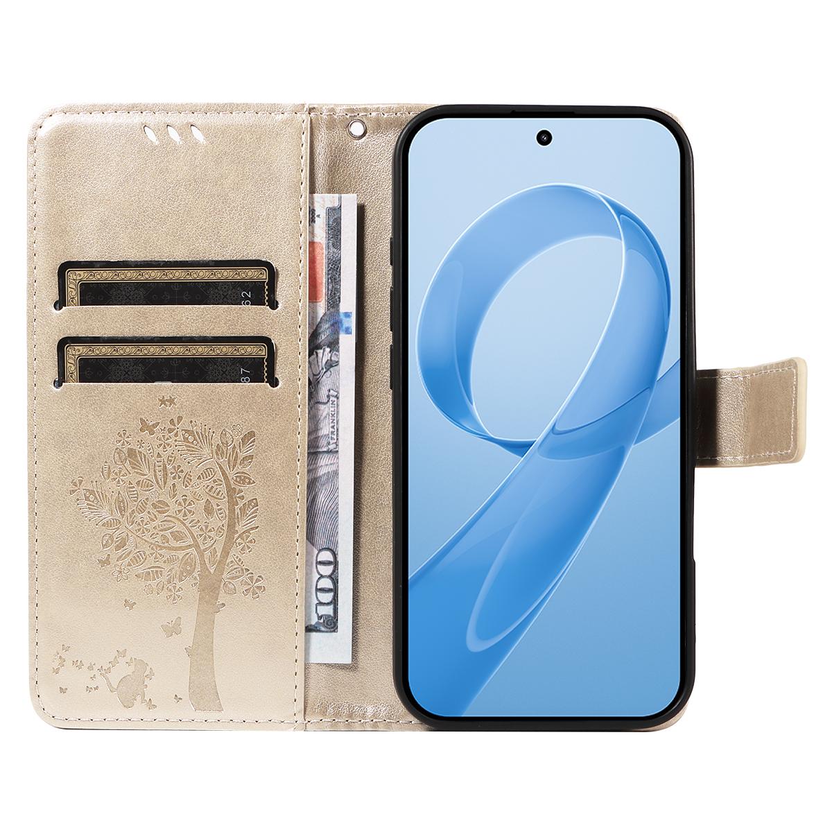 For Redmi K90 Pro Max/Poco F8 Ultra Tree & Cat Embossed Pattern Flip Leather Phone Case(Gold)