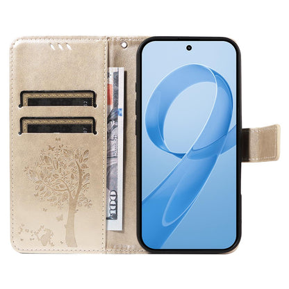 For Redmi K90 Pro Max/Poco F8 Ultra Tree & Cat Embossed Pattern Flip Leather Phone Case(Gold)