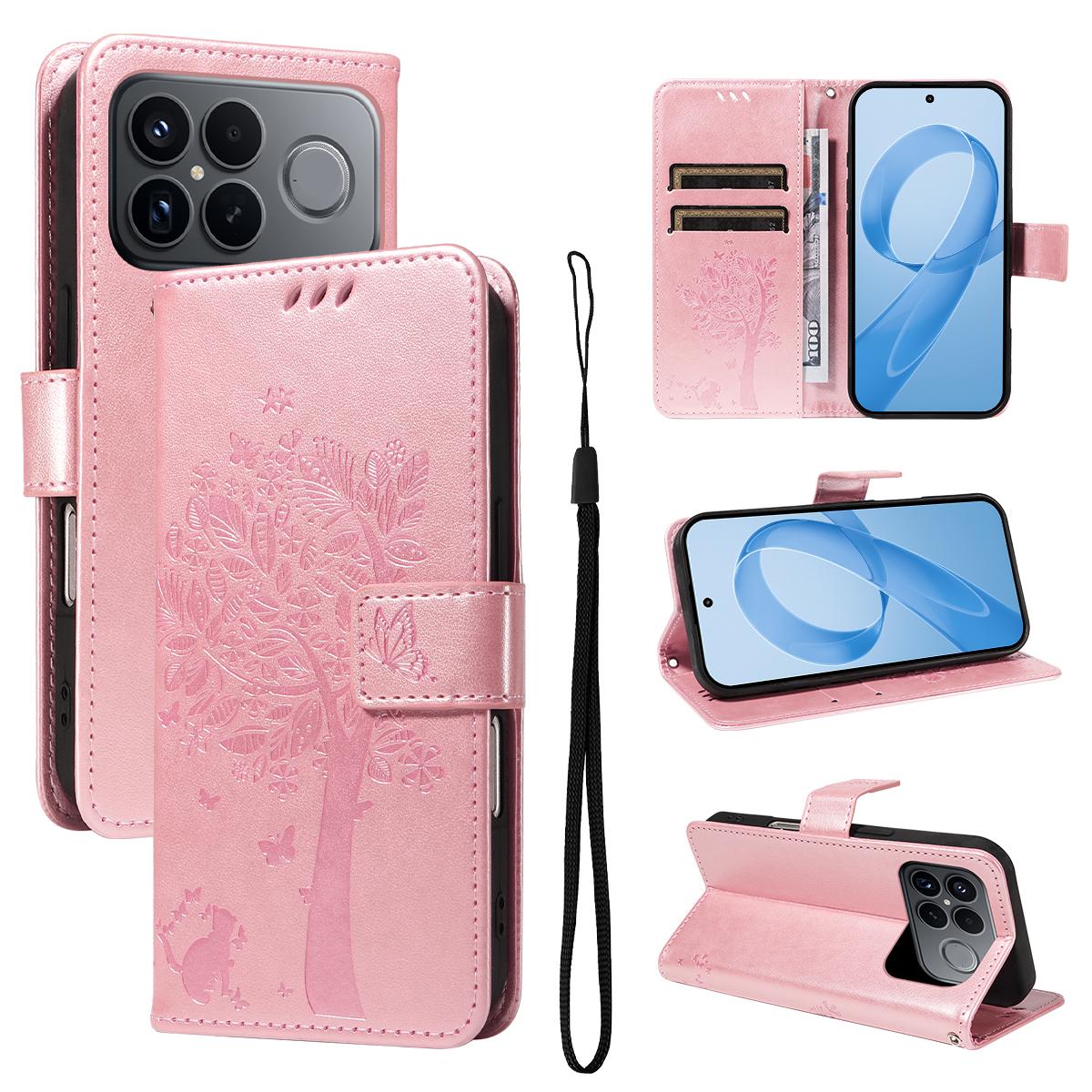 For Redmi K90 Pro Max/Poco F8 Ultra Tree & Cat Embossed Pattern Flip Leather Phone Case(Rose Gold)