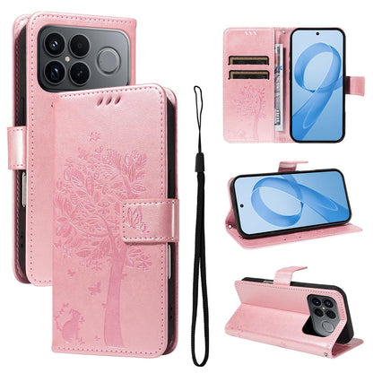 For Redmi K90 Pro Max/Poco F8 Ultra Tree & Cat Embossed Pattern Flip Leather Phone Case(Rose Gold)