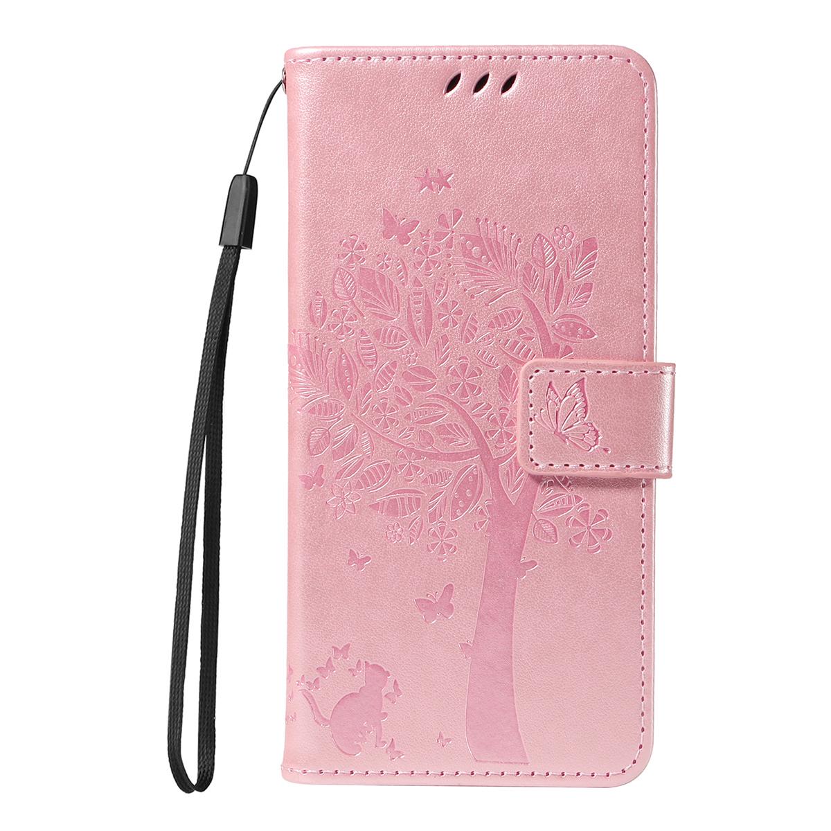 For Redmi K90 Pro Max/Poco F8 Ultra Tree & Cat Embossed Pattern Flip Leather Phone Case(Rose Gold)