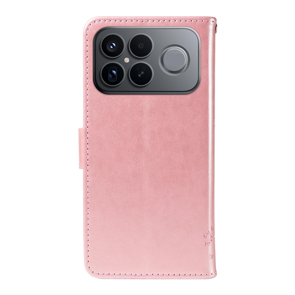 For Redmi K90 Pro Max/Poco F8 Ultra Tree & Cat Embossed Pattern Flip Leather Phone Case(Rose Gold)