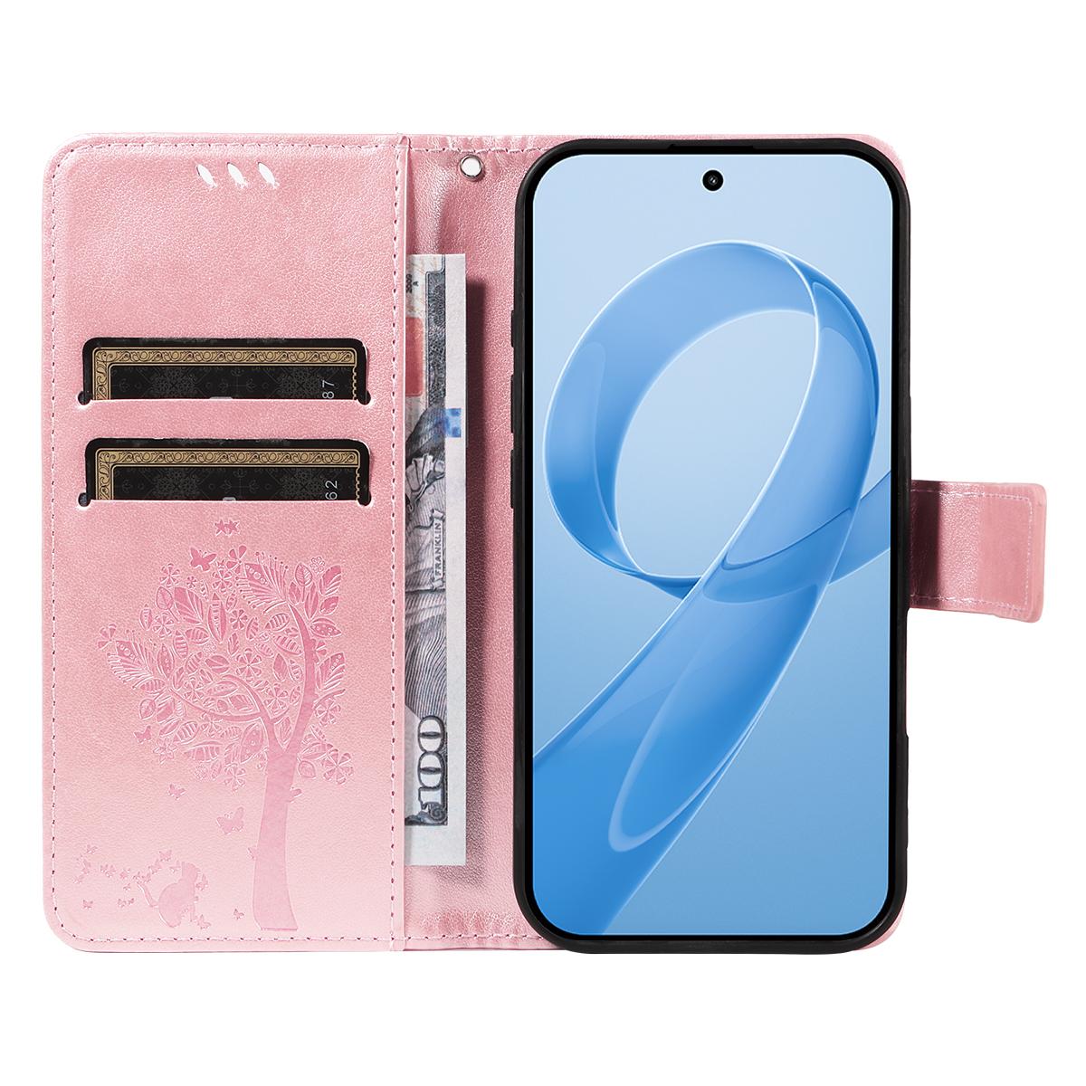 For Redmi K90 Pro Max/Poco F8 Ultra Tree & Cat Embossed Pattern Flip Leather Phone Case(Rose Gold)