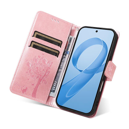 For Redmi K90 Pro Max/Poco F8 Ultra Tree & Cat Embossed Pattern Flip Leather Phone Case(Rose Gold)