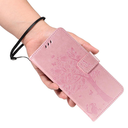 For Redmi K90 Pro Max/Poco F8 Ultra Tree & Cat Embossed Pattern Flip Leather Phone Case(Rose Gold)