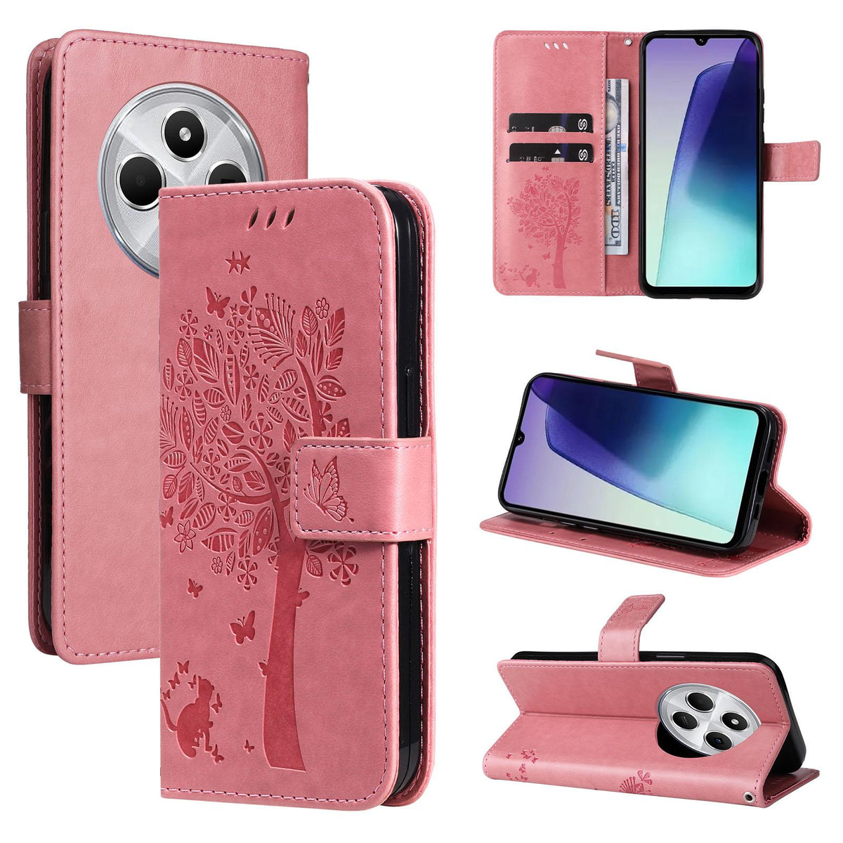 For Redmi 17C/14C 4G/A4 5G/Poco C75 5G Tree & Cat Embossed Pattern Flip Leather Phone Case - Pink - EDA007111316A