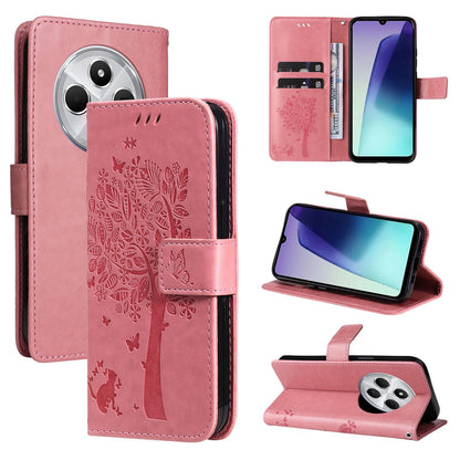 For Redmi 17C/14C 4G/A4 5G/Poco C75 5G Tree & Cat Embossed Pattern Flip Leather Phone Case - Pink - EDA007111316A