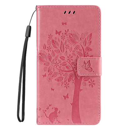 For Redmi 17C/14C 4G/A4 5G/Poco C75 5G Tree & Cat Embossed Pattern Flip Leather Phone Case - Pink - EDA007111316A