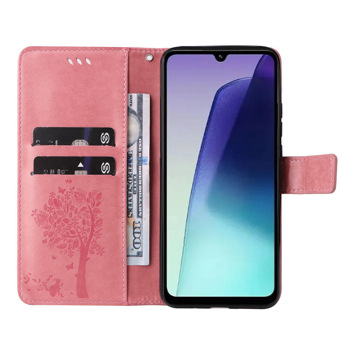 For Redmi 17C/14C 4G/A4 5G/Poco C75 5G Tree & Cat Embossed Pattern Flip Leather Phone Case - Pink - EDA007111316A