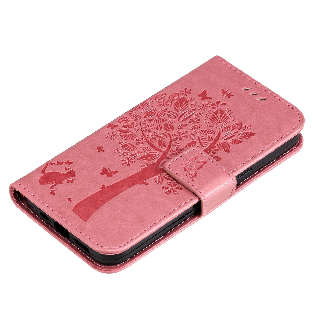 For Redmi 17C/14C 4G/A4 5G/Poco C75 5G Tree & Cat Embossed Pattern Flip Leather Phone Case - Pink - EDA007111316A