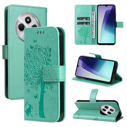 For Redmi 17C/14C 4G/A4 5G/Poco C75 5G Tree & Cat Embossed Pattern Flip Leather Phone Case - Green - EDA007111316B