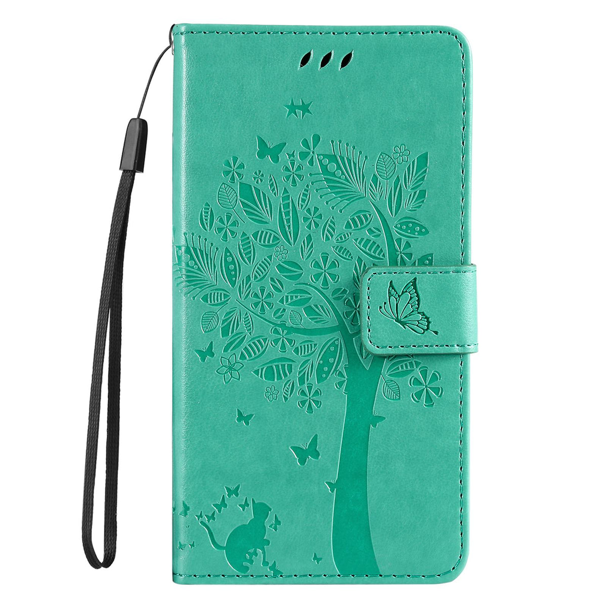 For Redmi 17C/14C 4G/A4 5G/Poco C75 5G Tree & Cat Embossed Pattern Flip Leather Phone Case - Green - EDA007111316B