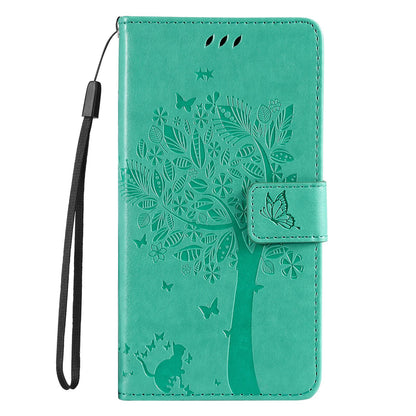 For Redmi 17C/14C 4G/A4 5G/Poco C75 5G Tree & Cat Embossed Pattern Flip Leather Phone Case - Green - EDA007111316B