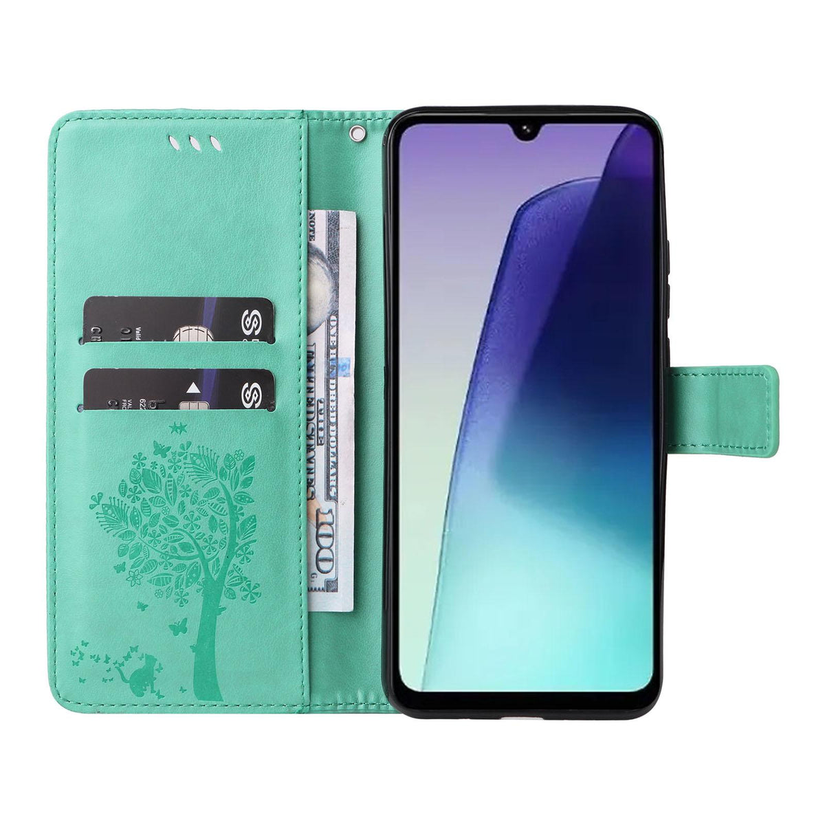For Redmi 17C/14C 4G/A4 5G/Poco C75 5G Tree & Cat Embossed Pattern Flip Leather Phone Case - Green - EDA007111316B