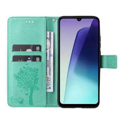For Redmi 17C/14C 4G/A4 5G/Poco C75 5G Tree & Cat Embossed Pattern Flip Leather Phone Case - Green - EDA007111316B