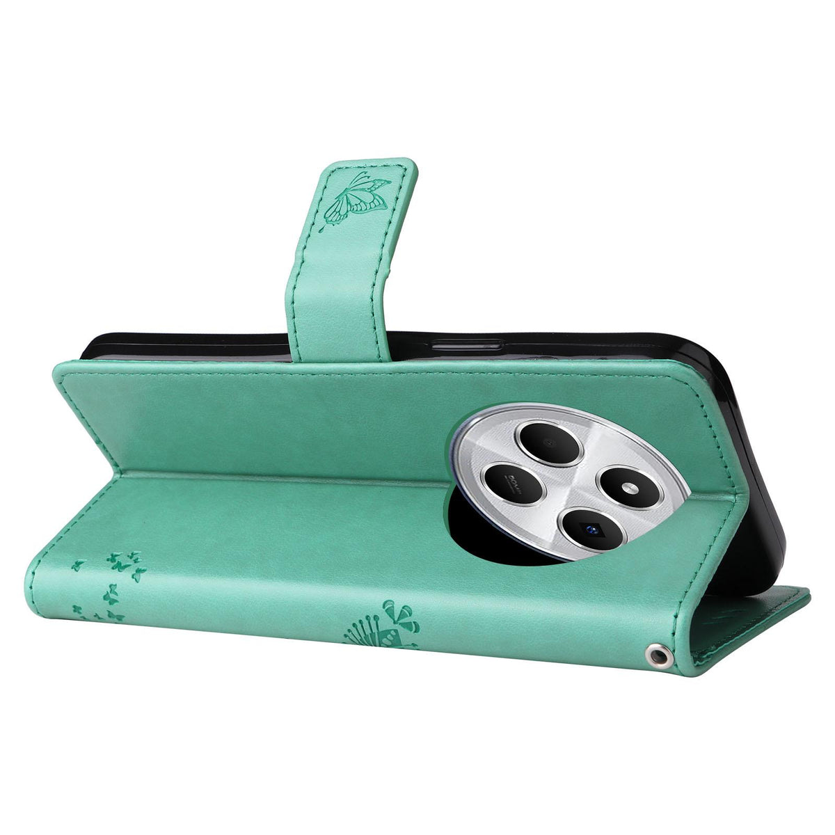 For Redmi 17C/14C 4G/A4 5G/Poco C75 5G Tree & Cat Embossed Pattern Flip Leather Phone Case - Green - EDA007111316B