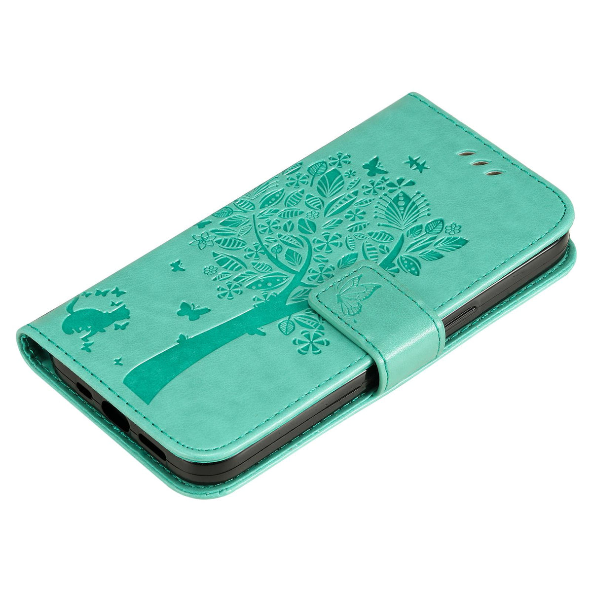 For Redmi 17C/14C 4G/A4 5G/Poco C75 5G Tree & Cat Embossed Pattern Flip Leather Phone Case - Green - EDA007111316B