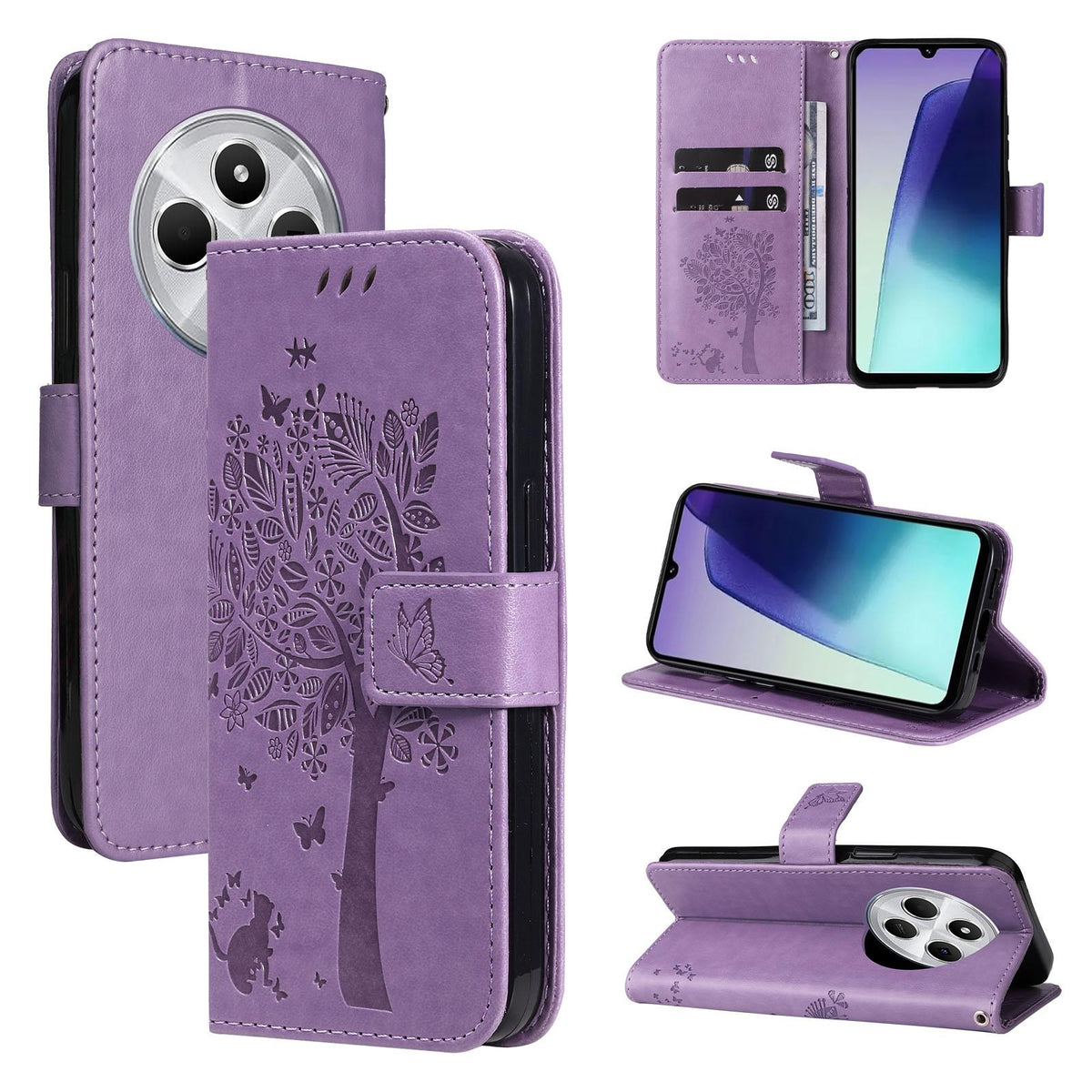 For Redmi 17C/14C 4G/A4 5G/Poco C75 5G Tree & Cat Embossed Pattern Flip Leather Phone Case - Light Purple - EDA007111316C