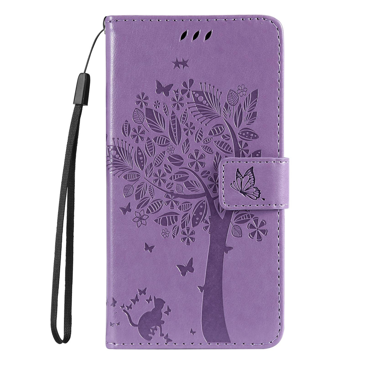 For Redmi 17C/14C 4G/A4 5G/Poco C75 5G Tree & Cat Embossed Pattern Flip Leather Phone Case - Light Purple - EDA007111316C
