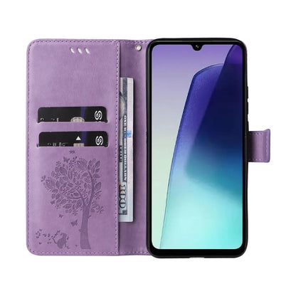 For Redmi 17C/14C 4G/A4 5G/Poco C75 5G Tree & Cat Embossed Pattern Flip Leather Phone Case - Light Purple - EDA007111316C