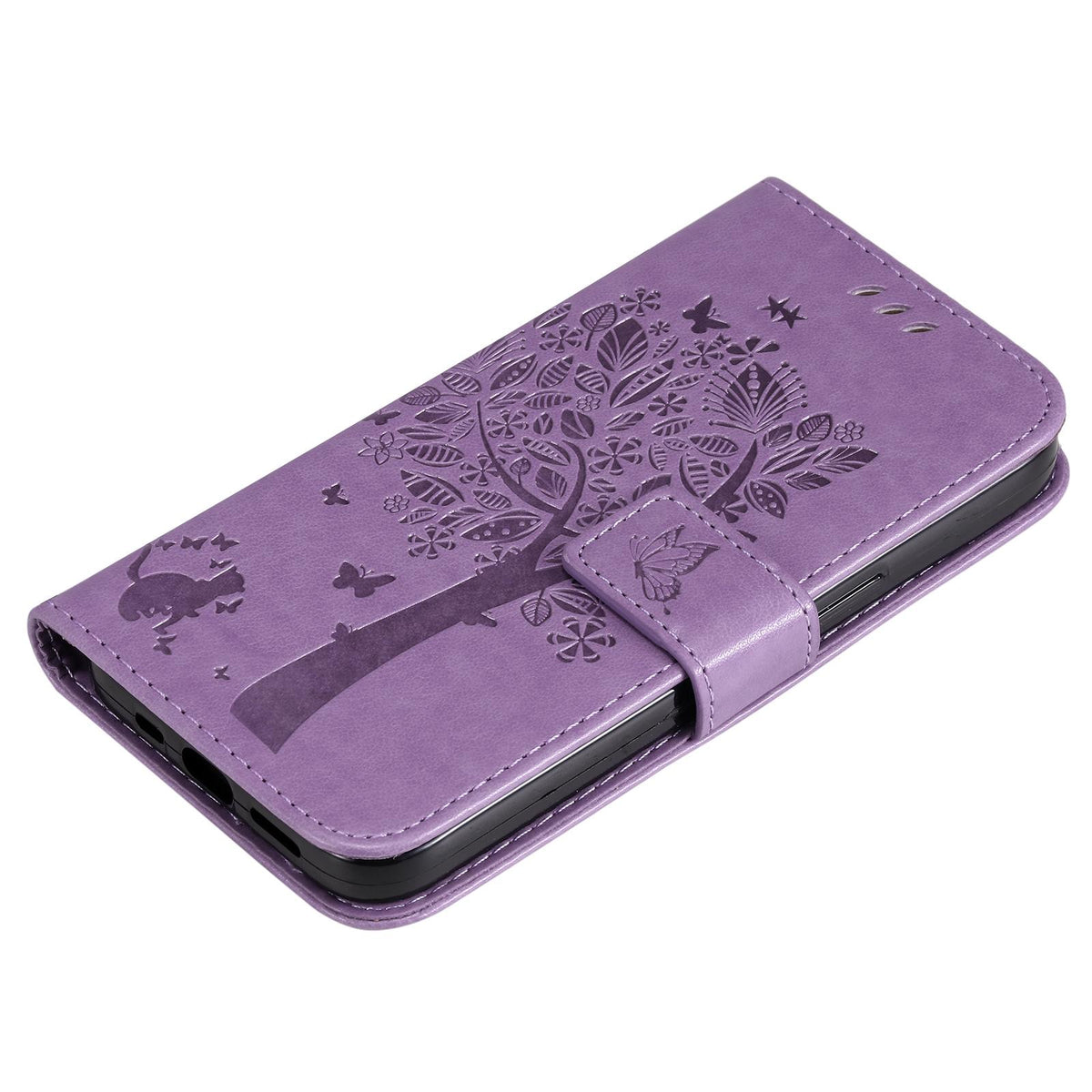 For Redmi 17C/14C 4G/A4 5G/Poco C75 5G Tree & Cat Embossed Pattern Flip Leather Phone Case - Light Purple - EDA007111316C