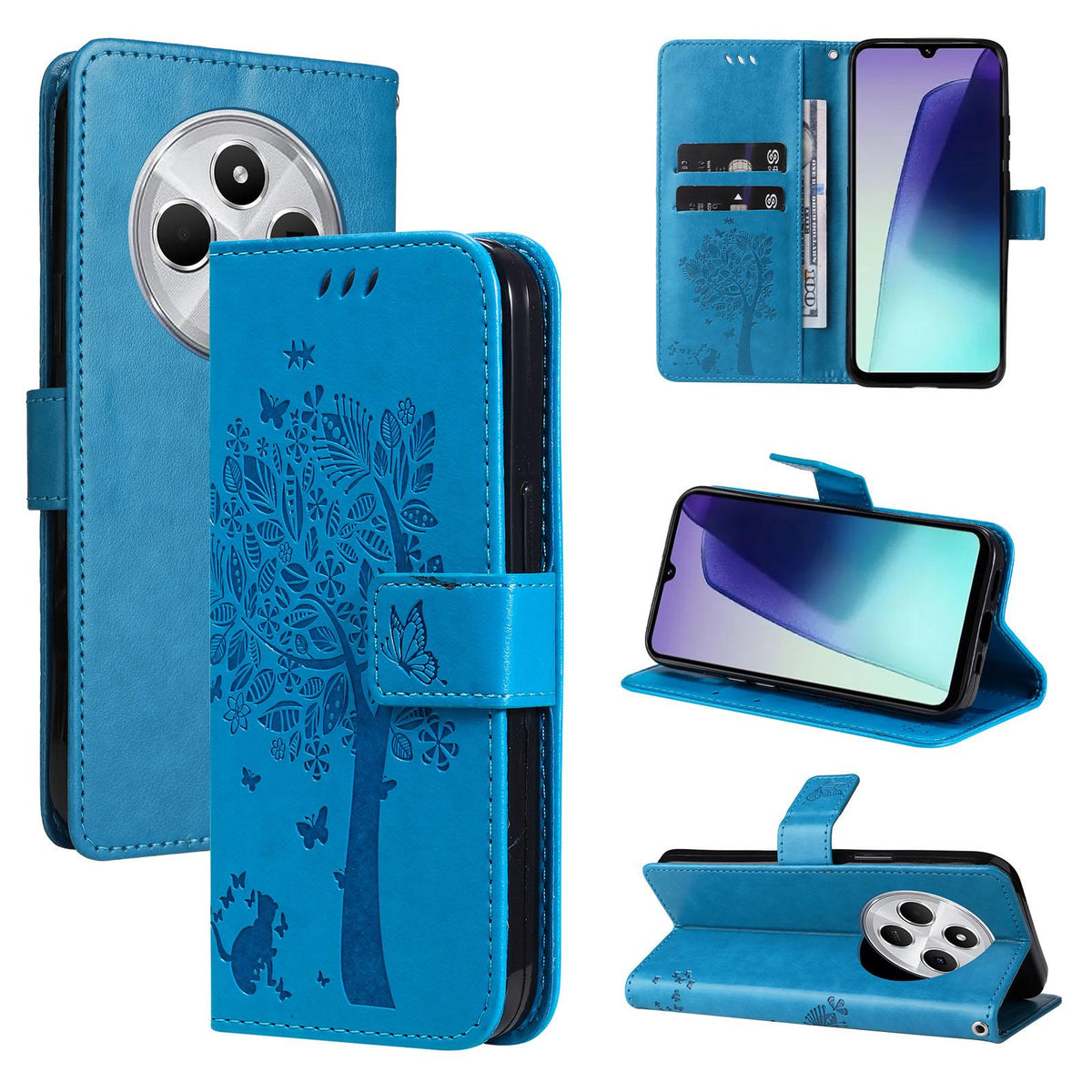 For Redmi 17C/14C 4G/A4 5G/Poco C75 5G Tree & Cat Embossed Pattern Flip Leather Phone Case - Blue - EDA007111316D