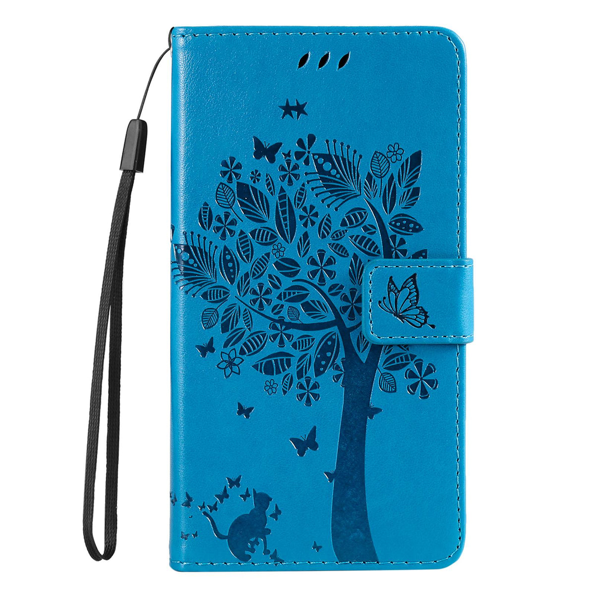 For Redmi 17C/14C 4G/A4 5G/Poco C75 5G Tree & Cat Embossed Pattern Flip Leather Phone Case - Blue - EDA007111316D