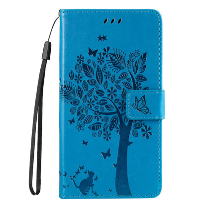 For Redmi 17C/14C 4G/A4 5G/Poco C75 5G Tree & Cat Embossed Pattern Flip Leather Phone Case - Blue - EDA007111316D
