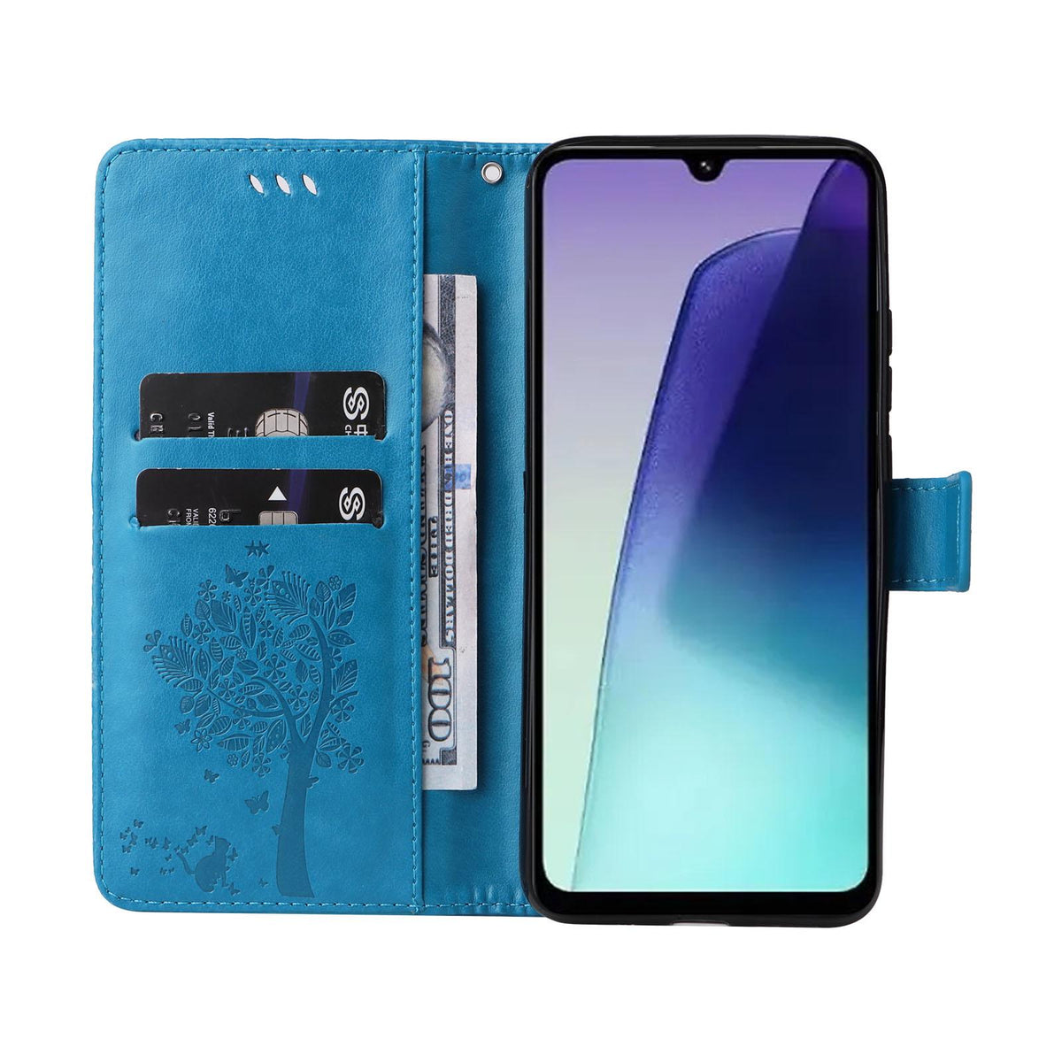 For Redmi 17C/14C 4G/A4 5G/Poco C75 5G Tree & Cat Embossed Pattern Flip Leather Phone Case - Blue - EDA007111316D