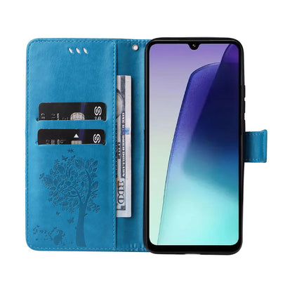 For Redmi 17C/14C 4G/A4 5G/Poco C75 5G Tree & Cat Embossed Pattern Flip Leather Phone Case - Blue - EDA007111316D