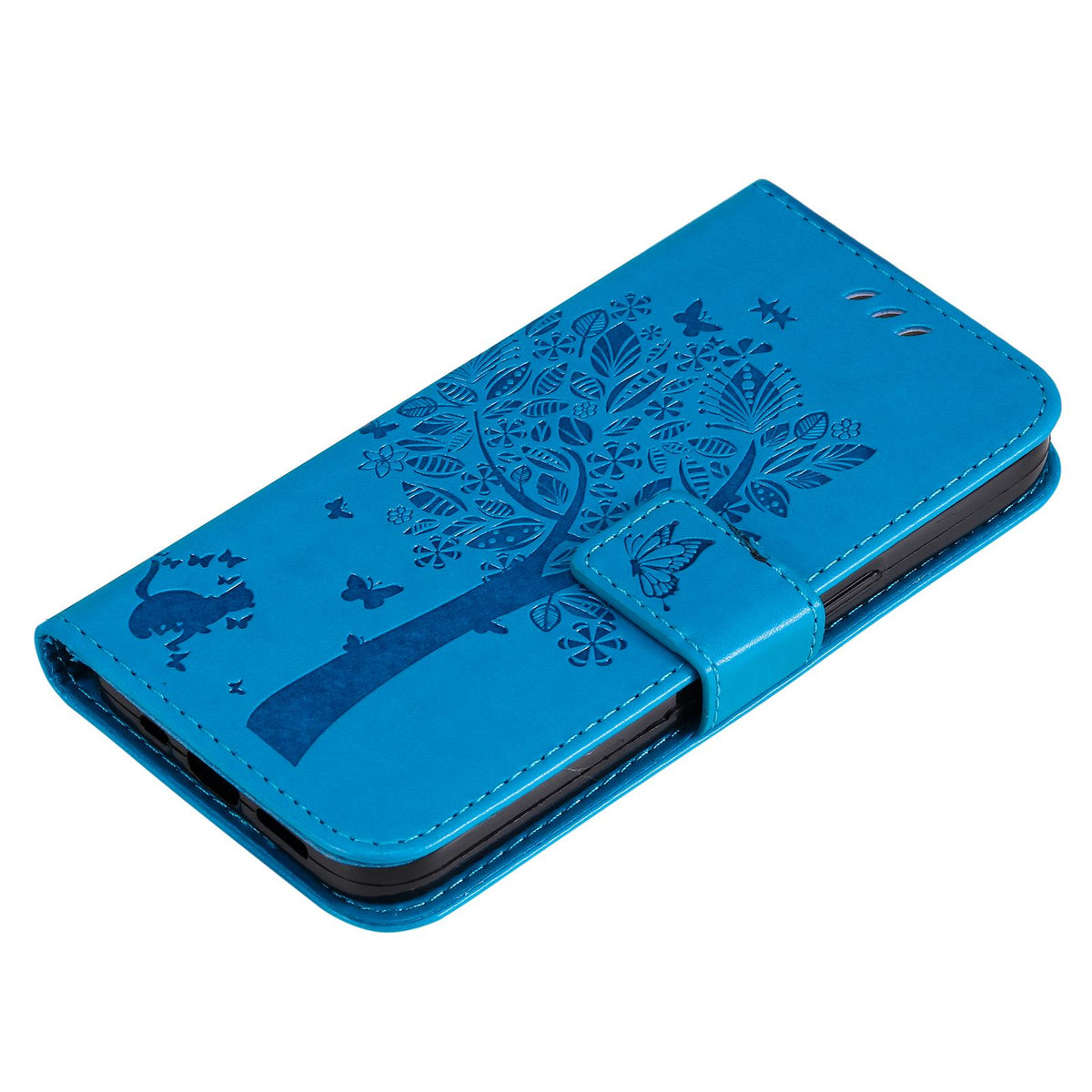 For Redmi 17C/14C 4G/A4 5G/Poco C75 5G Tree & Cat Embossed Pattern Flip Leather Phone Case - Blue - EDA007111316D