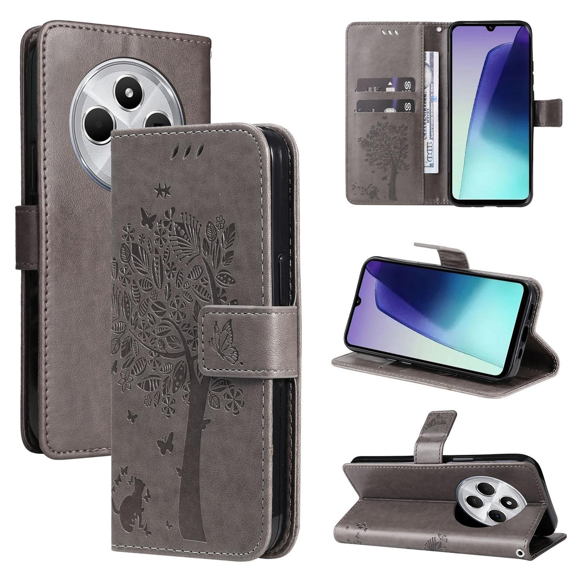 For Redmi 17C/14C 4G/A4 5G/Poco C75 5G Tree & Cat Embossed Pattern Flip Leather Phone Case - Grey - EDA007111316E