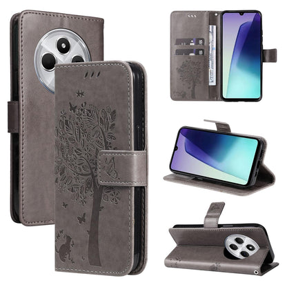 For Redmi 17C/14C 4G/A4 5G/Poco C75 5G Tree & Cat Embossed Pattern Flip Leather Phone Case - Grey - EDA007111316E