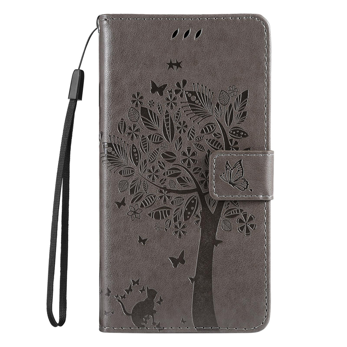 For Redmi 17C/14C 4G/A4 5G/Poco C75 5G Tree & Cat Embossed Pattern Flip Leather Phone Case - Grey - EDA007111316E