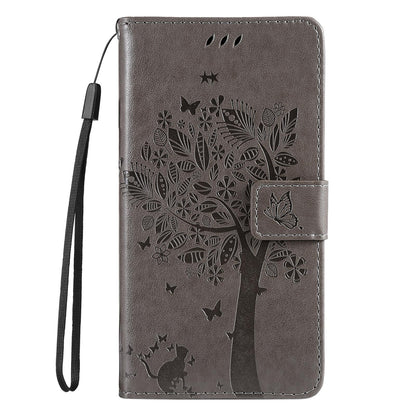 For Redmi 17C/14C 4G/A4 5G/Poco C75 5G Tree & Cat Embossed Pattern Flip Leather Phone Case - Grey - EDA007111316E