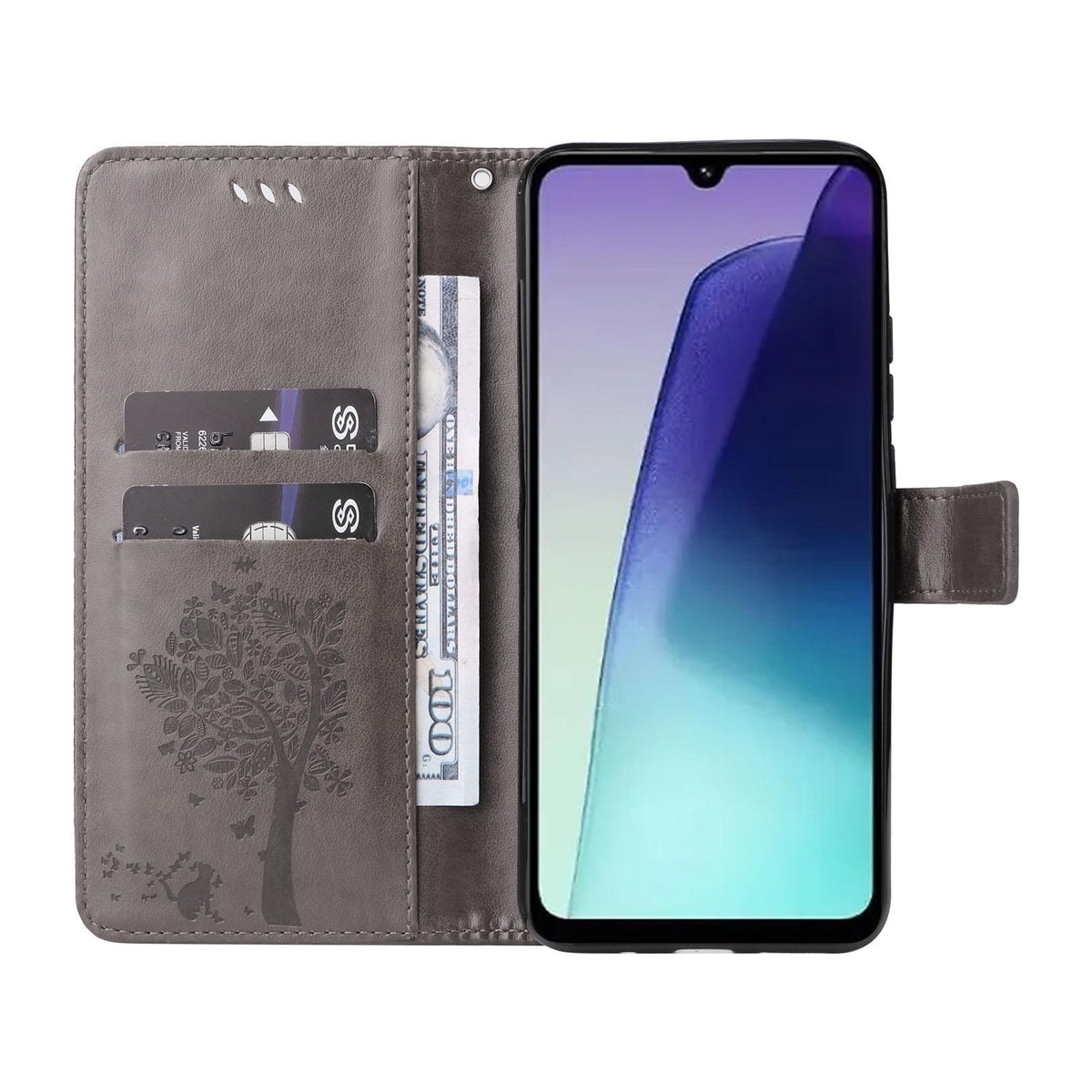 For Redmi 17C/14C 4G/A4 5G/Poco C75 5G Tree & Cat Embossed Pattern Flip Leather Phone Case - Grey - EDA007111316E