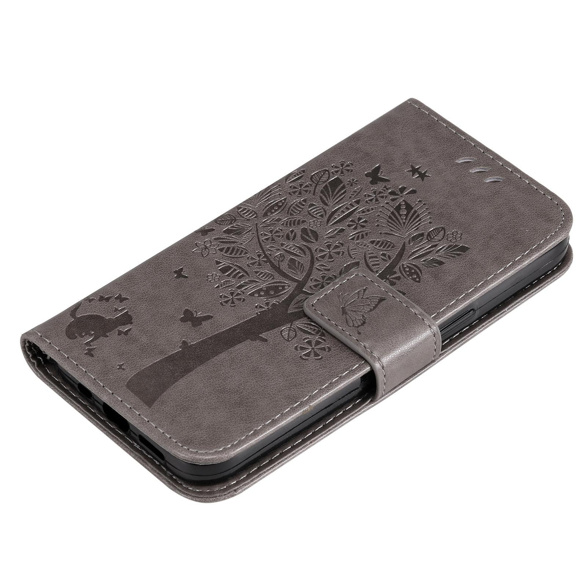 For Redmi 17C/14C 4G/A4 5G/Poco C75 5G Tree & Cat Embossed Pattern Flip Leather Phone Case - Grey - EDA007111316E