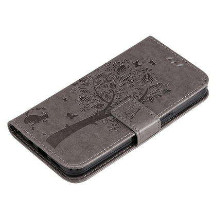 For Redmi 17C/14C 4G/A4 5G/Poco C75 5G Tree & Cat Embossed Pattern Flip Leather Phone Case - Grey - EDA007111316E