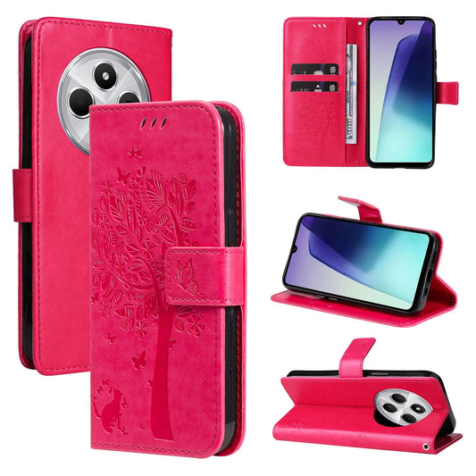 For Redmi 17C/14C 4G/A4 5G/Poco C75 5G Tree & Cat Embossed Pattern Flip Leather Phone Case - Rose Red - EDA007111316F