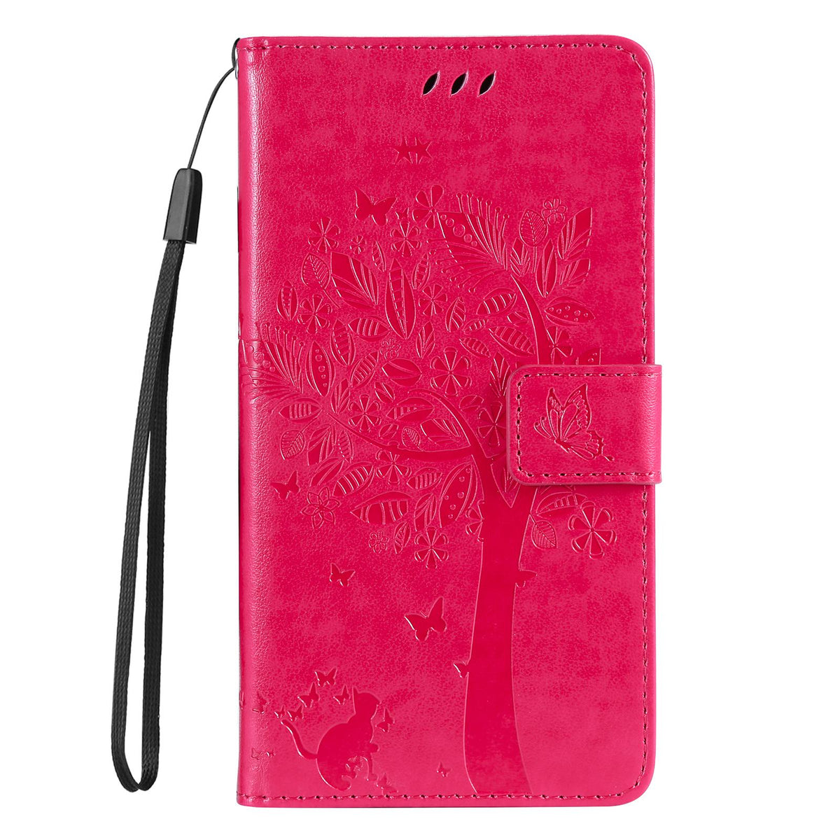 For Redmi 17C/14C 4G/A4 5G/Poco C75 5G Tree & Cat Embossed Pattern Flip Leather Phone Case - Rose Red - EDA007111316F
