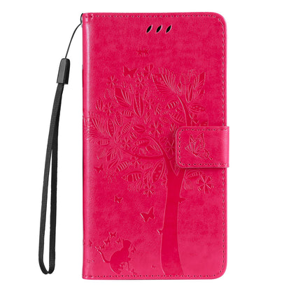 For Redmi 17C/14C 4G/A4 5G/Poco C75 5G Tree & Cat Embossed Pattern Flip Leather Phone Case - Rose Red - EDA007111316F