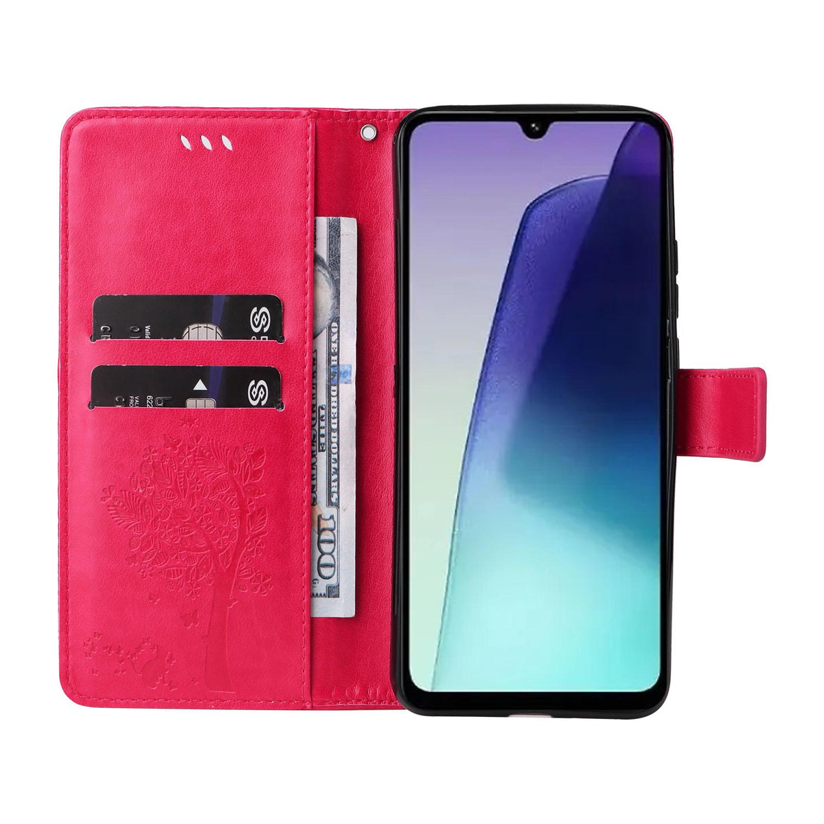 For Redmi 17C/14C 4G/A4 5G/Poco C75 5G Tree & Cat Embossed Pattern Flip Leather Phone Case - Rose Red - EDA007111316F