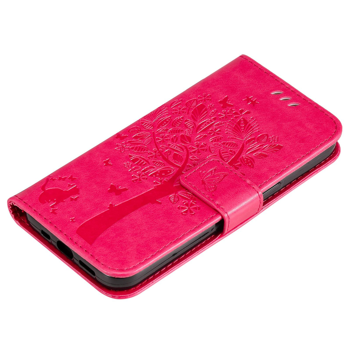 For Redmi 17C/14C 4G/A4 5G/Poco C75 5G Tree & Cat Embossed Pattern Flip Leather Phone Case - Rose Red - EDA007111316F