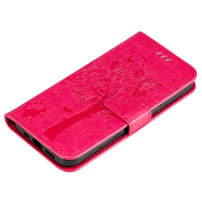 For Redmi 17C/14C 4G/A4 5G/Poco C75 5G Tree & Cat Embossed Pattern Flip Leather Phone Case - Rose Red - EDA007111316F