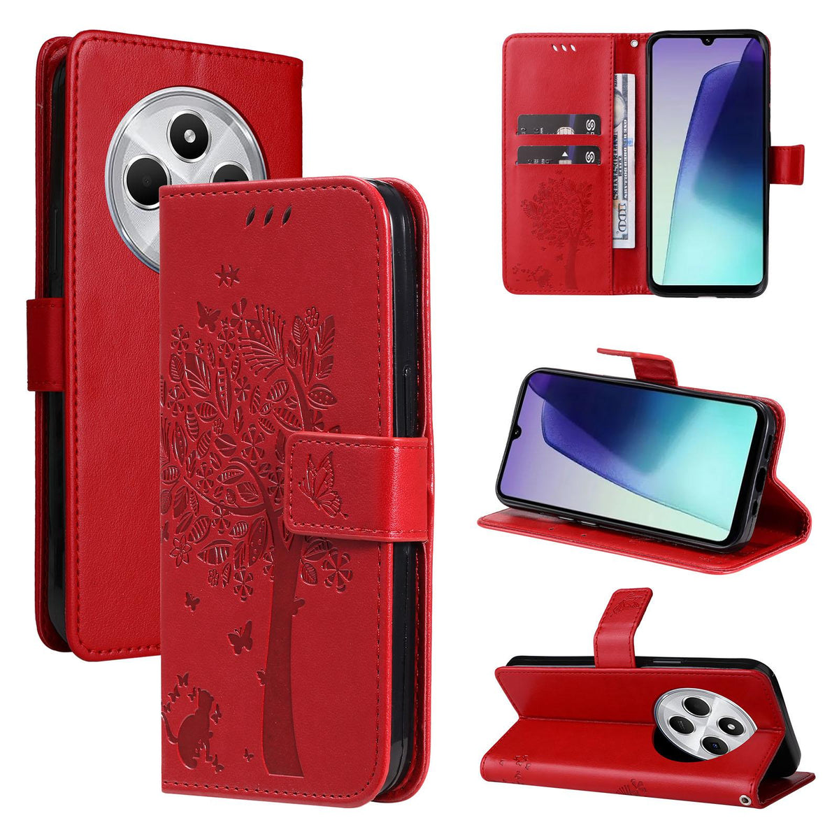 For Redmi 17C/14C 4G/A4 5G/Poco C75 5G Tree & Cat Embossed Pattern Flip Leather Phone Case - Red - EDA007111316G