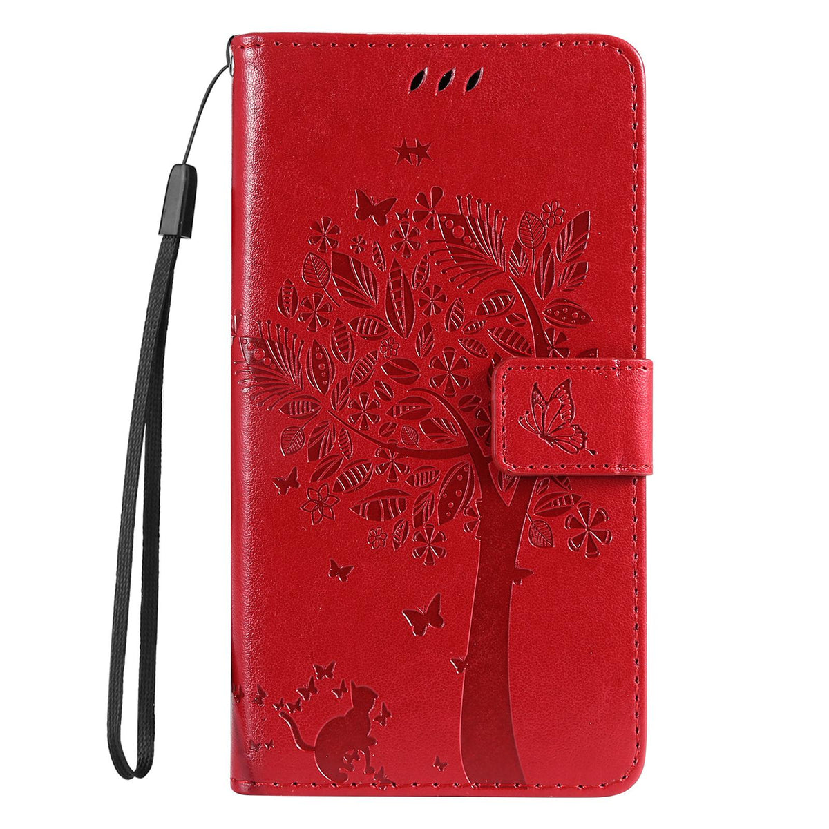 For Redmi 17C/14C 4G/A4 5G/Poco C75 5G Tree & Cat Embossed Pattern Flip Leather Phone Case - Red - EDA007111316G