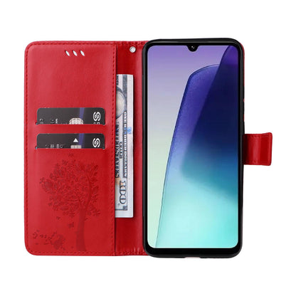 For Redmi 17C/14C 4G/A4 5G/Poco C75 5G Tree & Cat Embossed Pattern Flip Leather Phone Case - Red - EDA007111316G