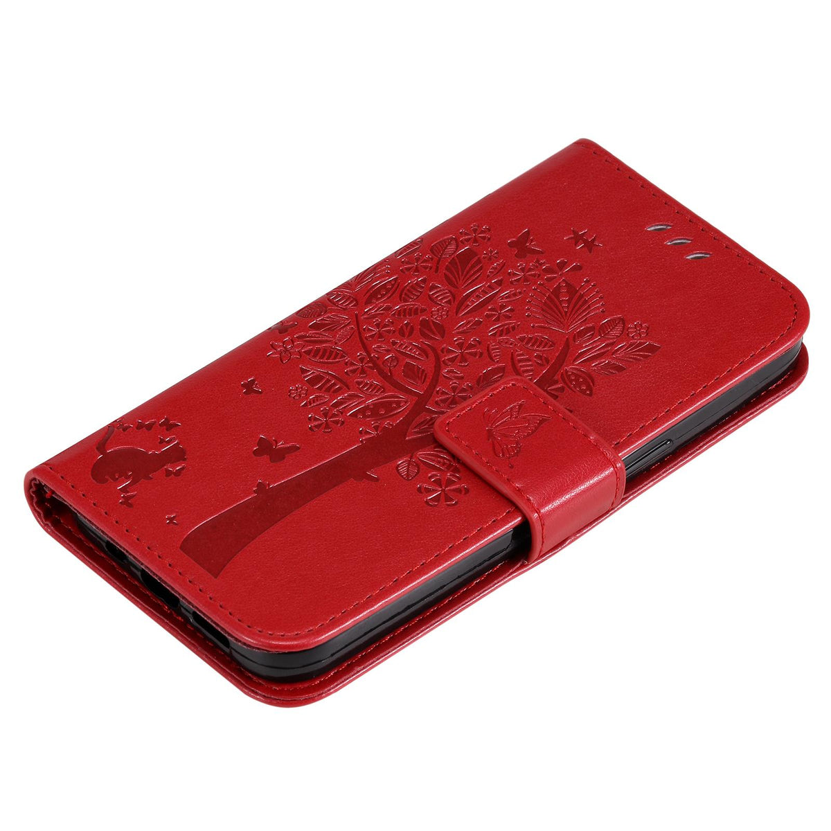 For Redmi 17C/14C 4G/A4 5G/Poco C75 5G Tree & Cat Embossed Pattern Flip Leather Phone Case - Red - EDA007111316G
