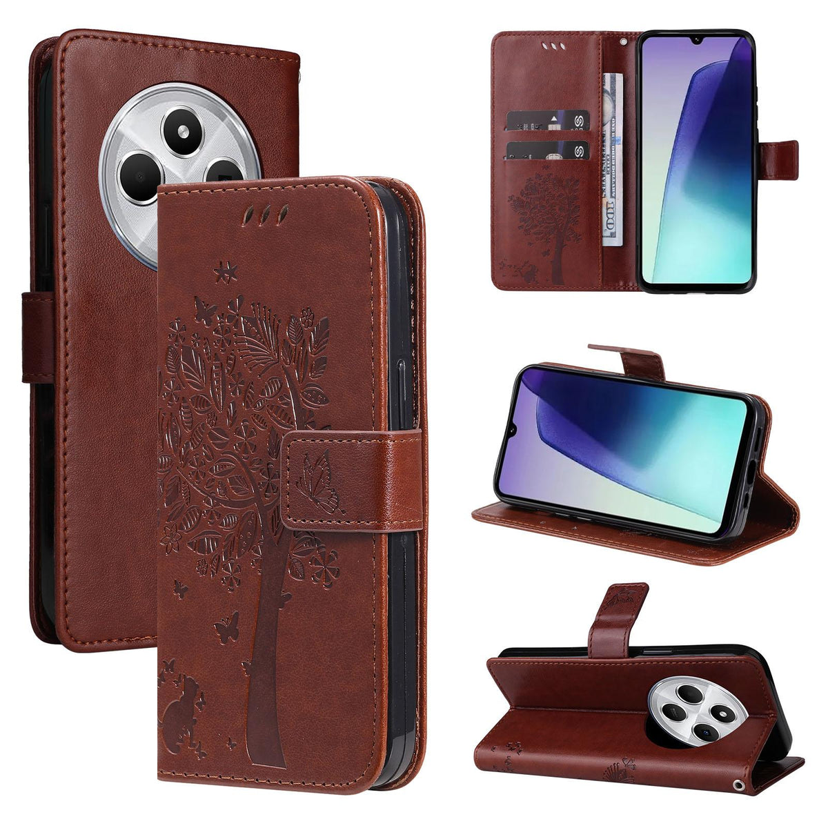 For Redmi 17C/14C 4G/A4 5G/Poco C75 5G Tree & Cat Embossed Pattern Flip Leather Phone Case - Coffee - EDA007111316H