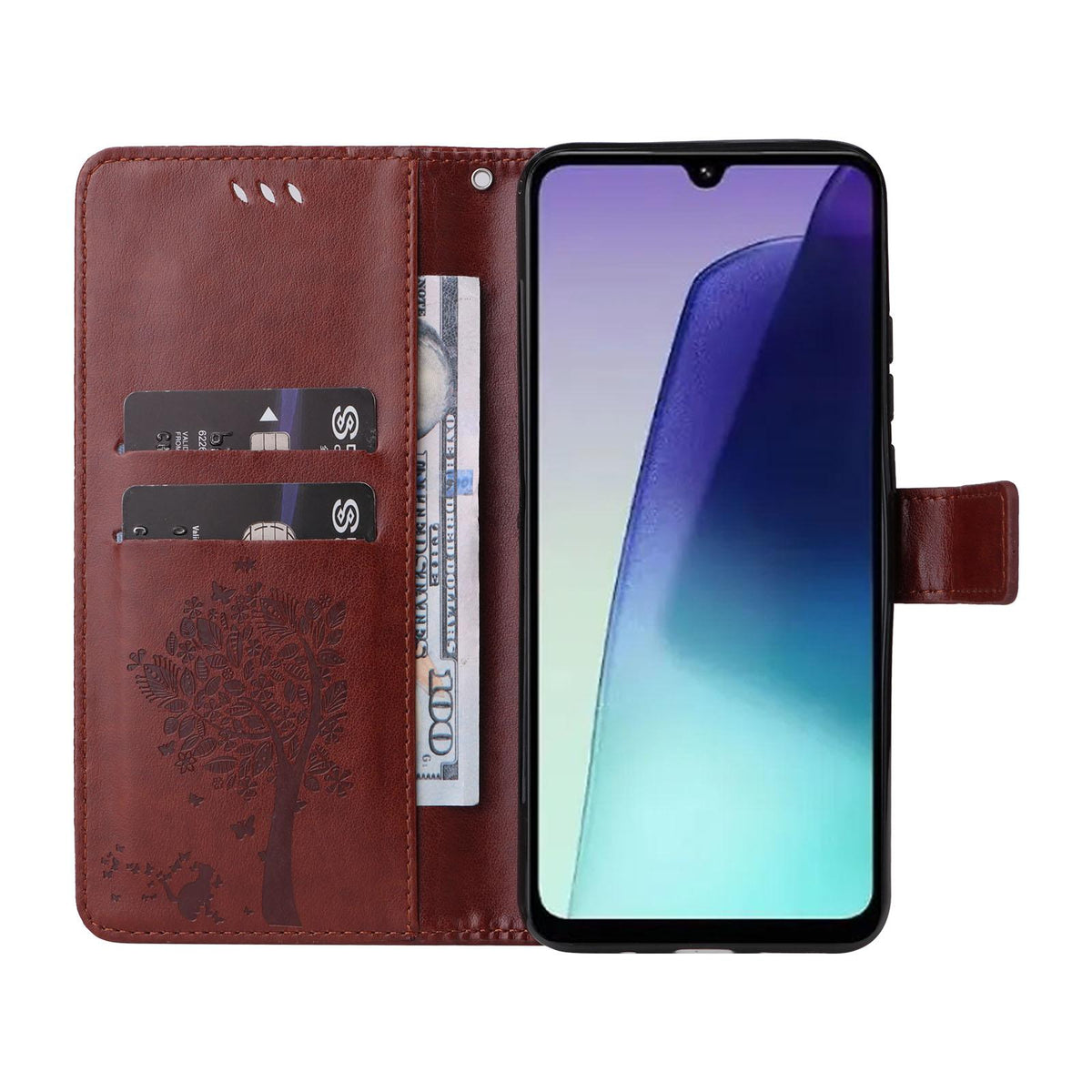 For Redmi 17C/14C 4G/A4 5G/Poco C75 5G Tree & Cat Embossed Pattern Flip Leather Phone Case - Coffee - EDA007111316H